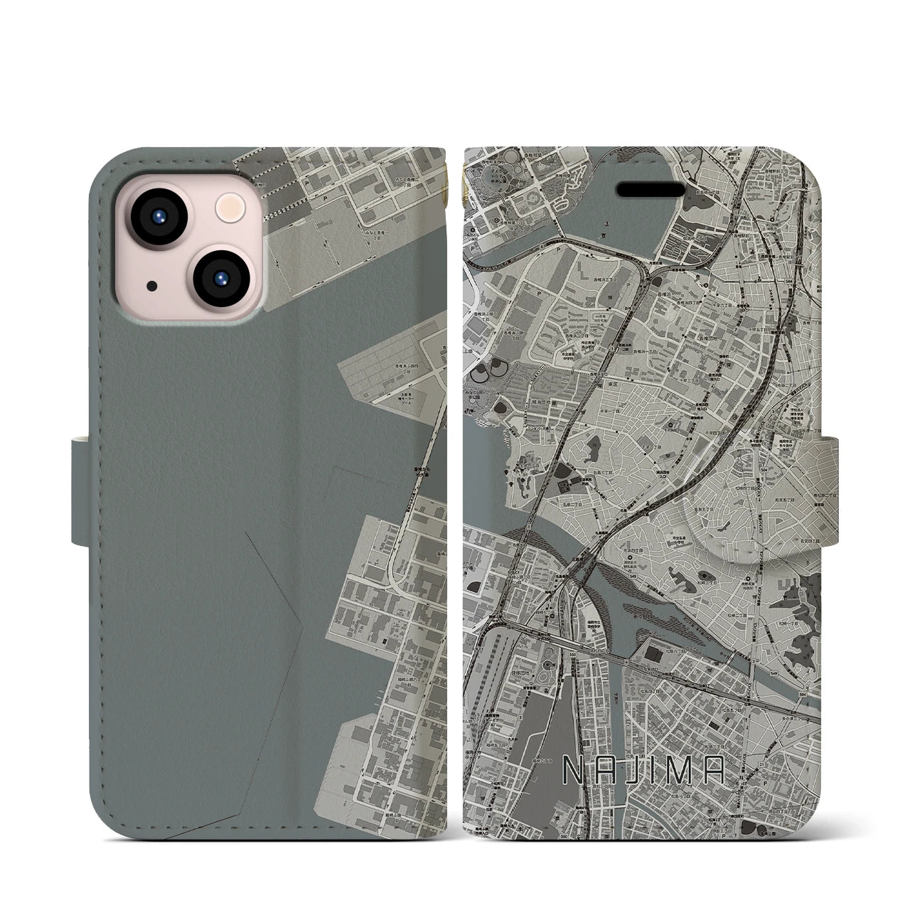 【名島(福岡県)】地図柄iPhoneケース(手帳タイプ)モノトーン・iPhone 13 mini 用