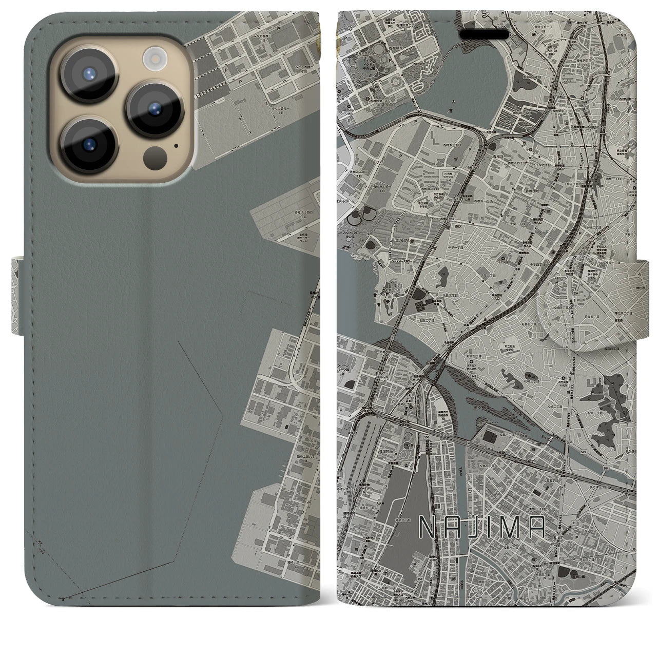 【名島(福岡県)】地図柄iPhoneケース(手帳タイプ)モノトーン・iPhone 14 Pro Max 用