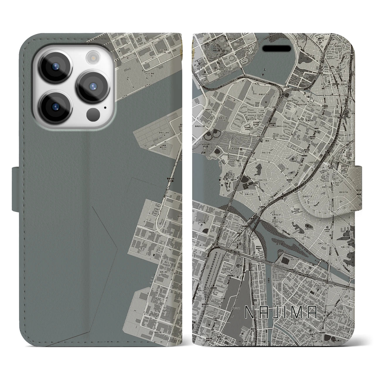 【名島(福岡県)】地図柄iPhoneケース(手帳タイプ)モノトーン・iPhone 14 Pro 用