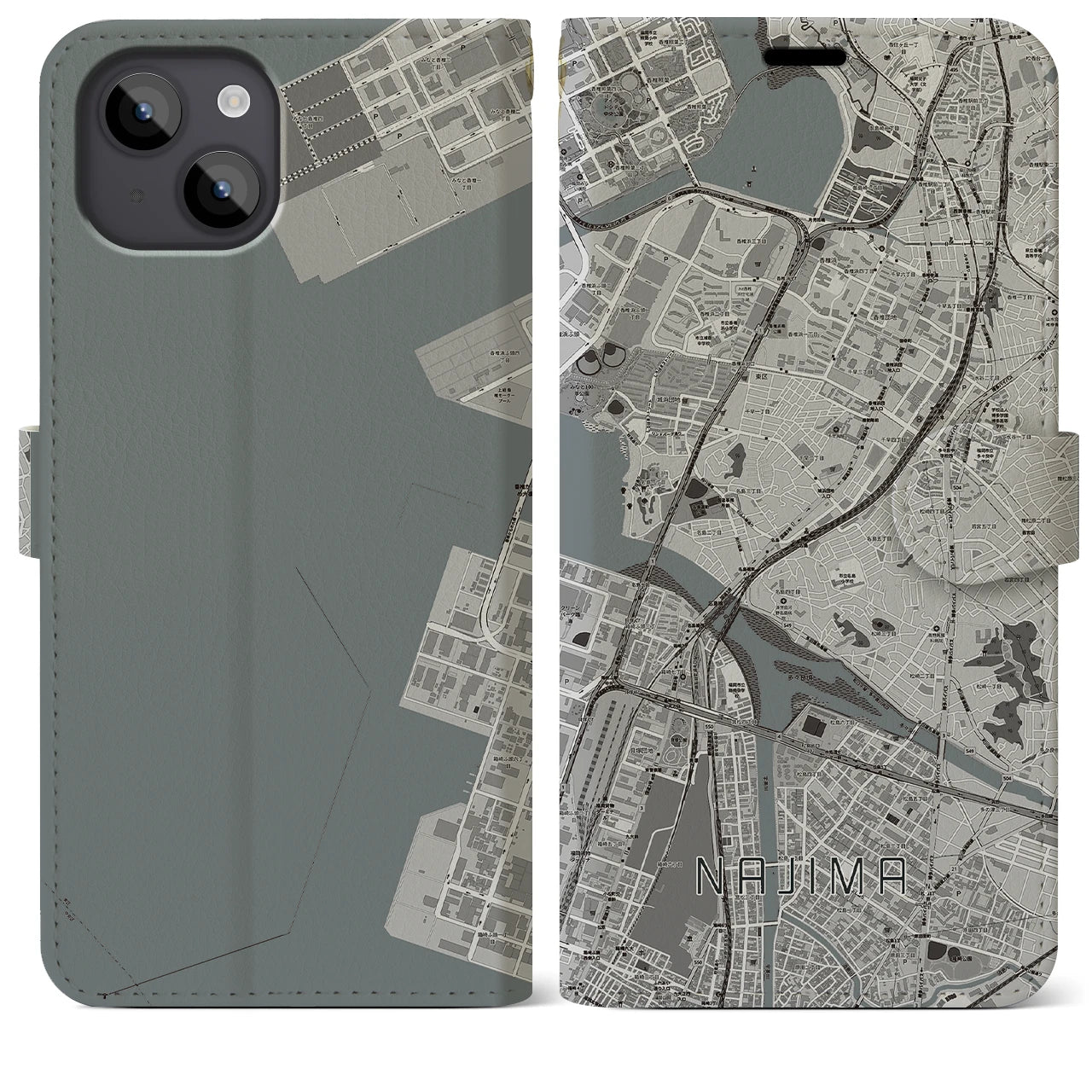 【名島(福岡県)】地図柄iPhoneケース(手帳タイプ)モノトーン・iPhone 14 Plus 用