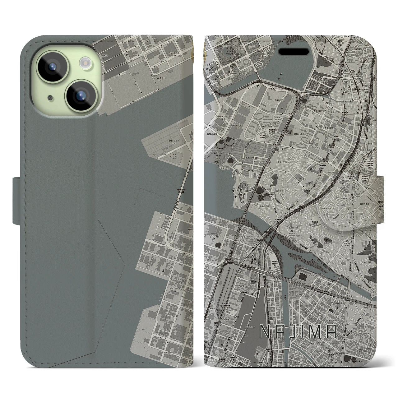 【名島(福岡県)】地図柄iPhoneケース(手帳タイプ)モノトーン・iPhone 15 用