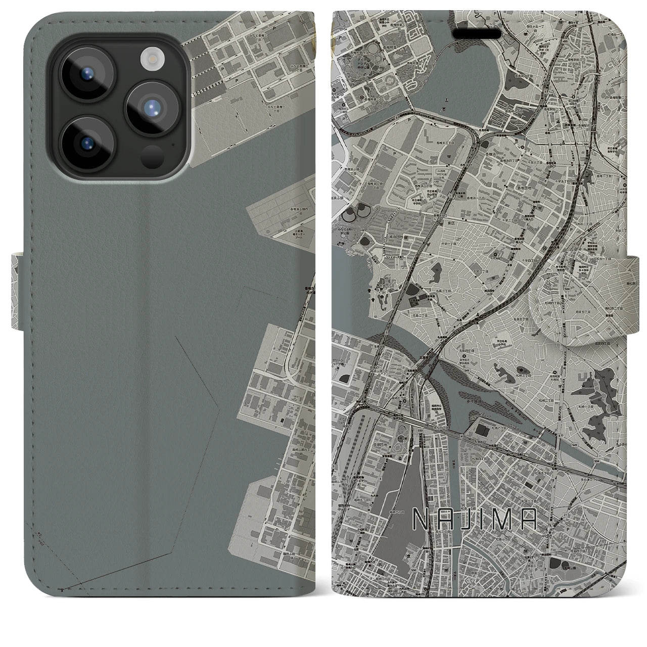【名島(福岡県)】地図柄iPhoneケース(手帳タイプ)モノトーン・iPhone 15 Pro Max 用