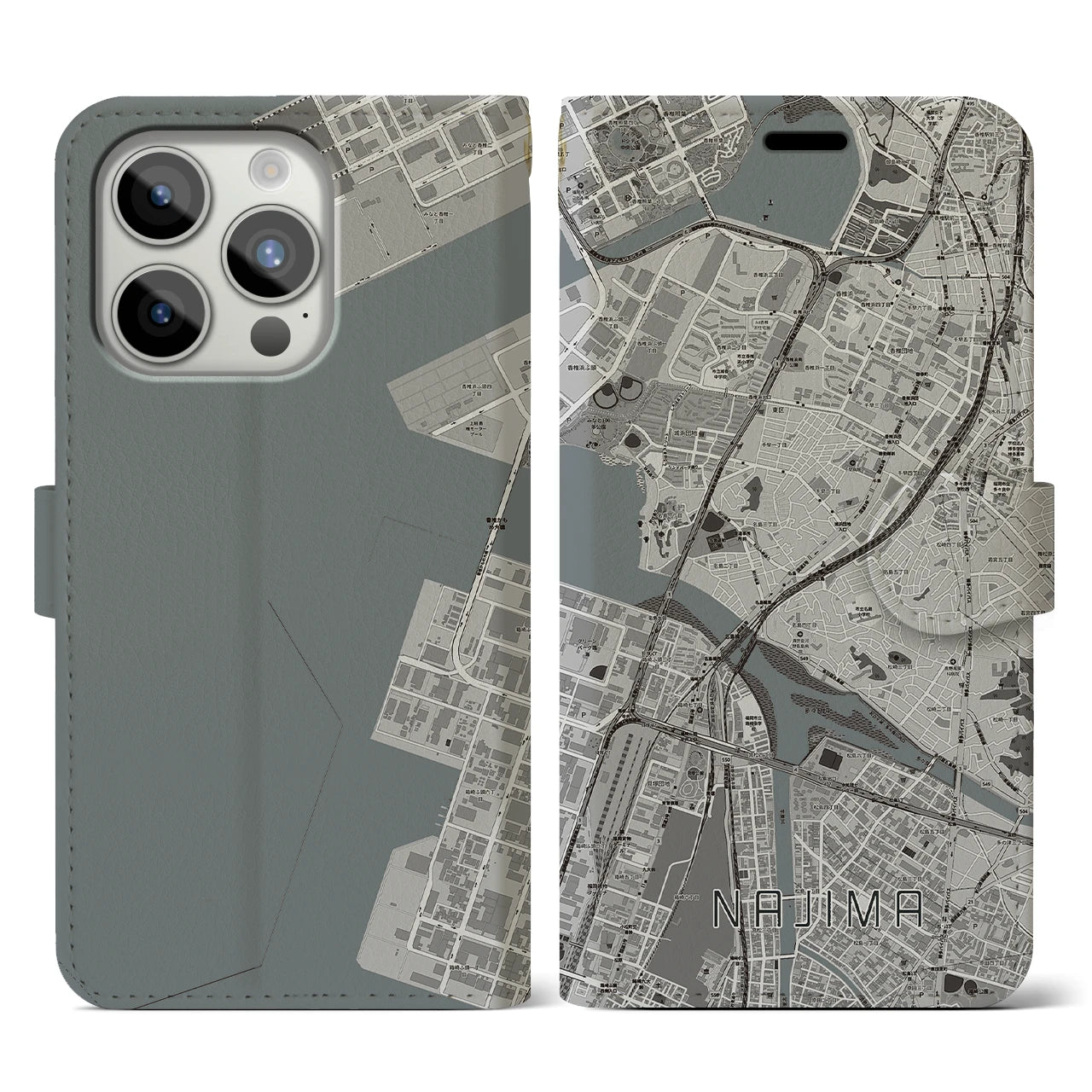 【名島(福岡県)】地図柄iPhoneケース(手帳タイプ)モノトーン・iPhone 15 Pro 用