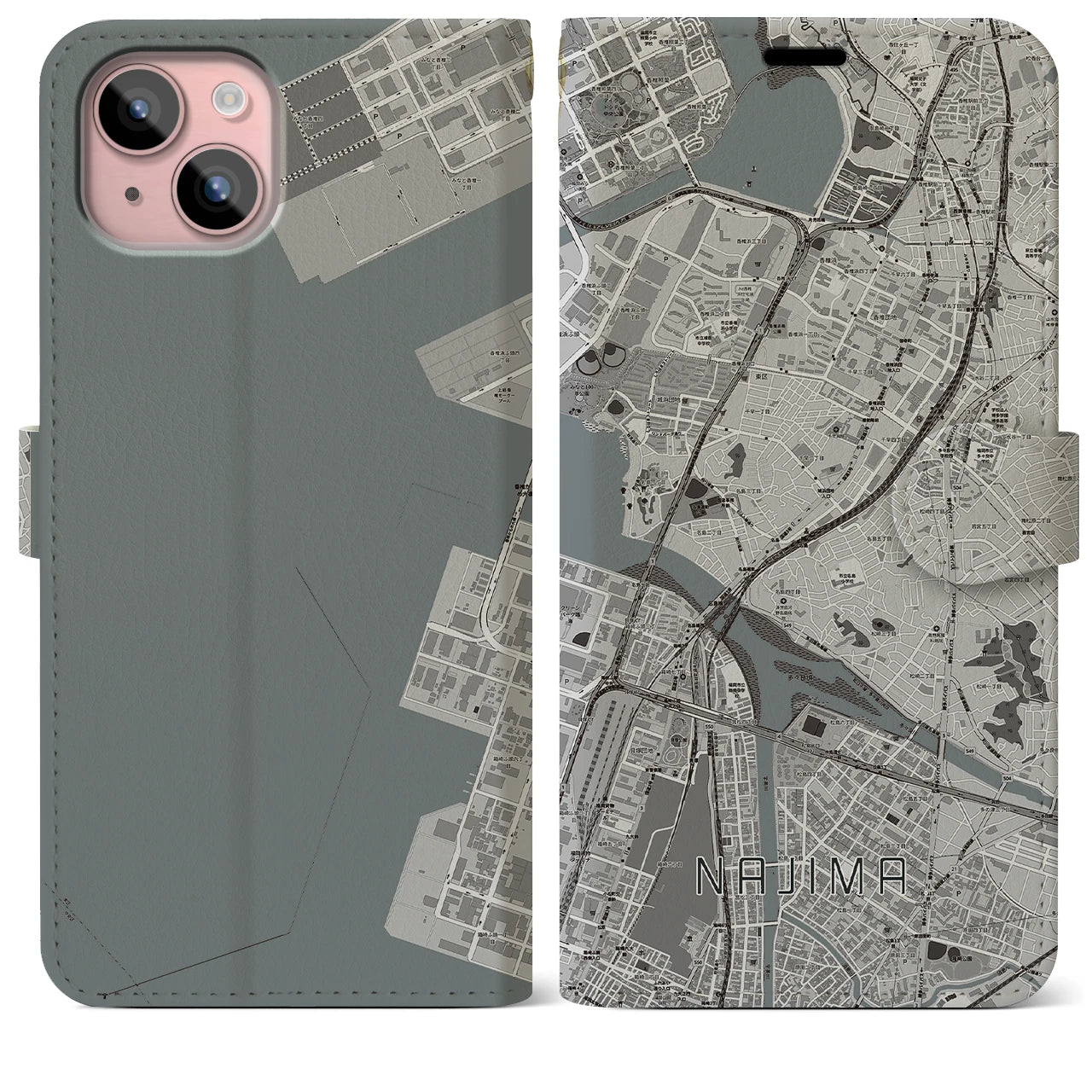 【名島(福岡県)】地図柄iPhoneケース(手帳タイプ)モノトーン・iPhone 15 Plus 用
