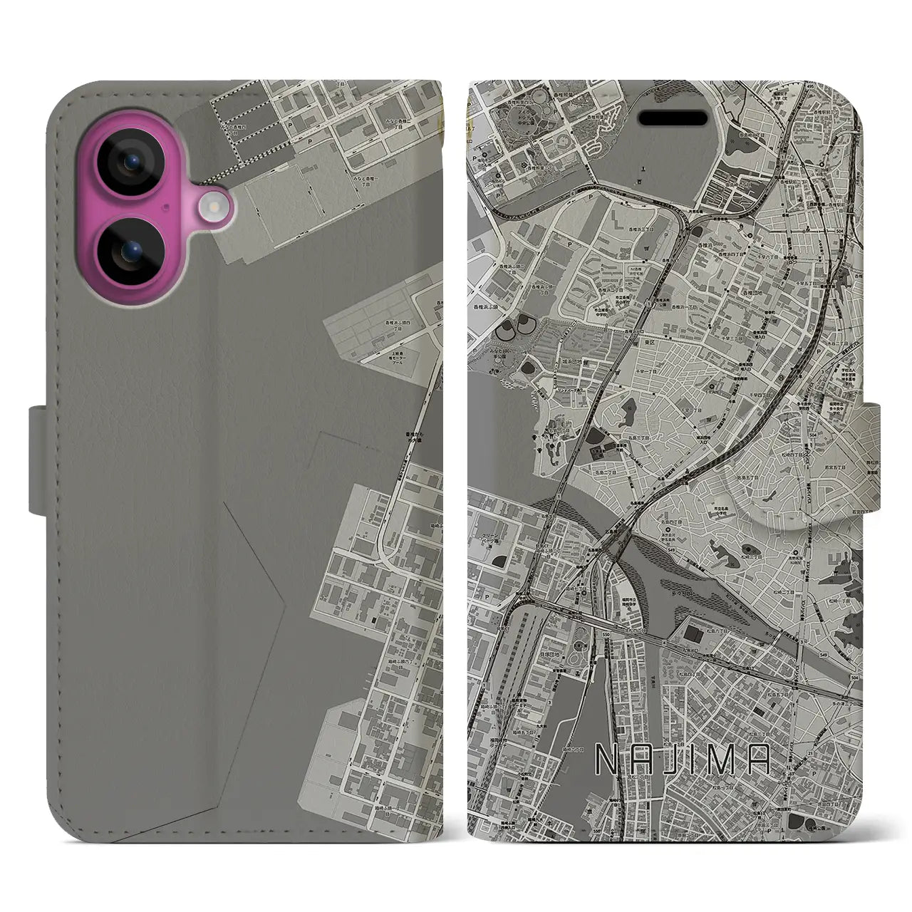 【名島(福岡県)】地図柄iPhoneケース(手帳タイプ)モノトーン・iPhone 16 Pro 用