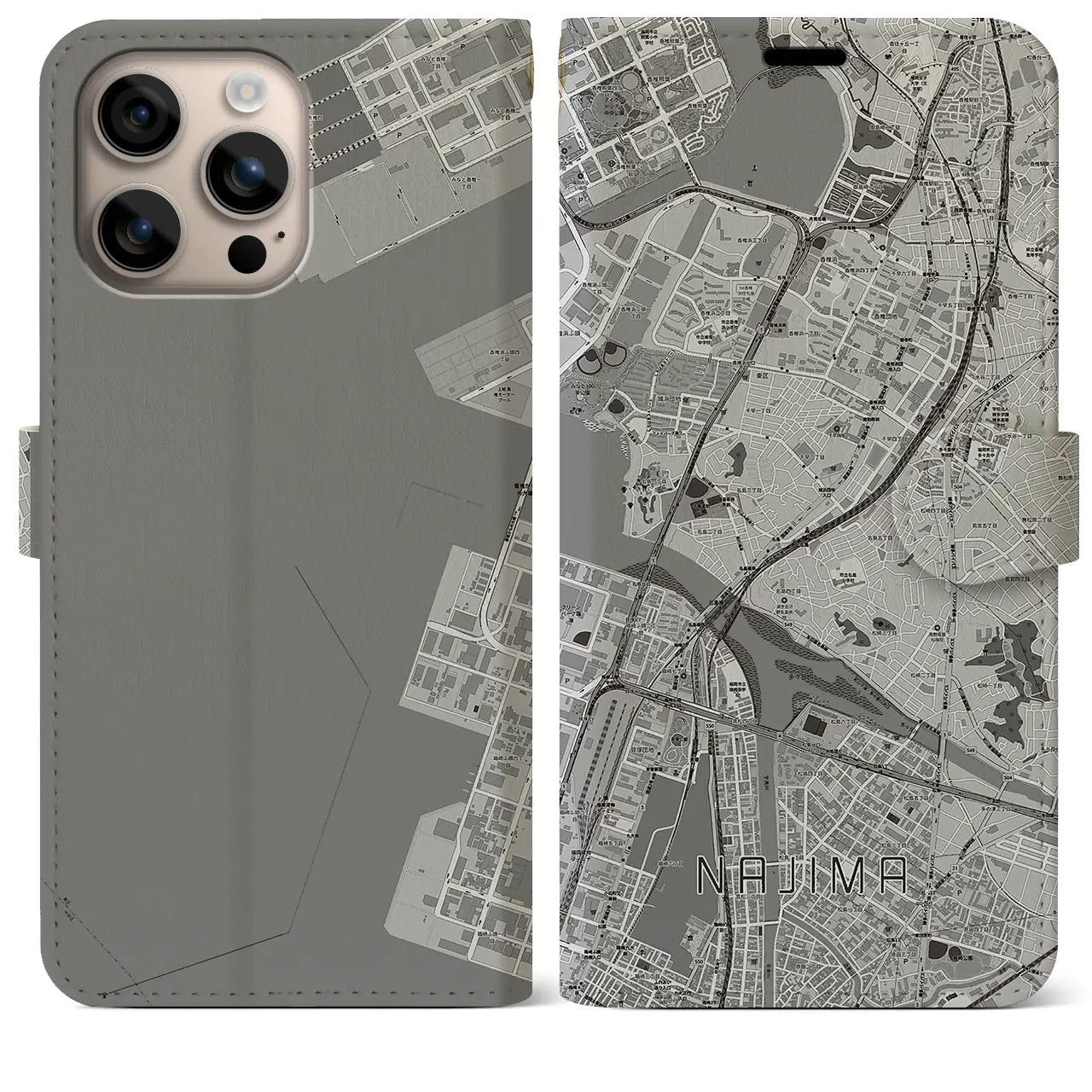 【名島(福岡県)】地図柄iPhoneケース(手帳タイプ)モノトーン・iPhone 16 Plus 用