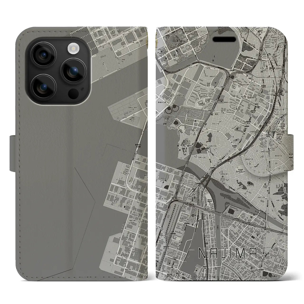 【名島(福岡県)】地図柄iPhoneケース(手帳タイプ)モノトーン・iPhone 16 用