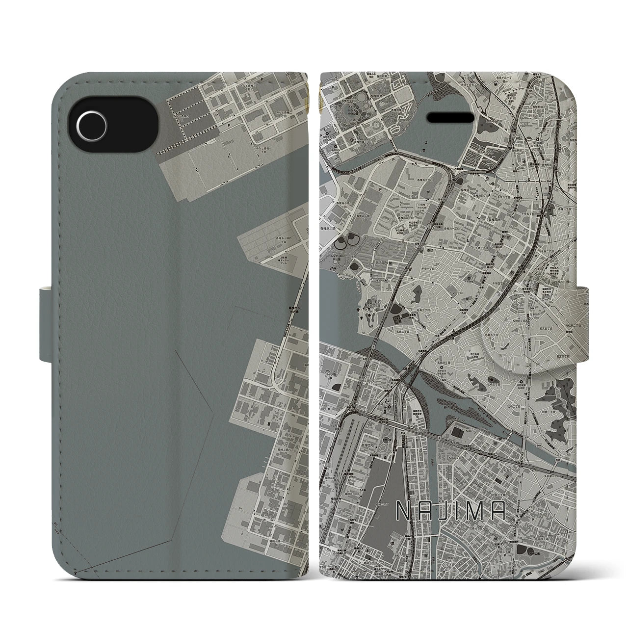 【名島(福岡県)】地図柄iPhoneケース(手帳タイプ)モノトーン・iPhone SE(第3 / 第2世代) / 8 / 7 / 6s / 6 用