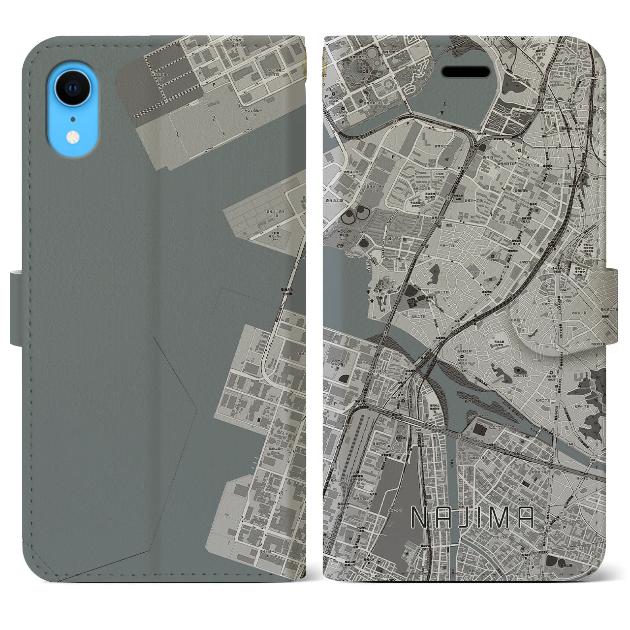 【名島(福岡県)】地図柄iPhoneケース(手帳タイプ)モノトーン・iPhone XR 用