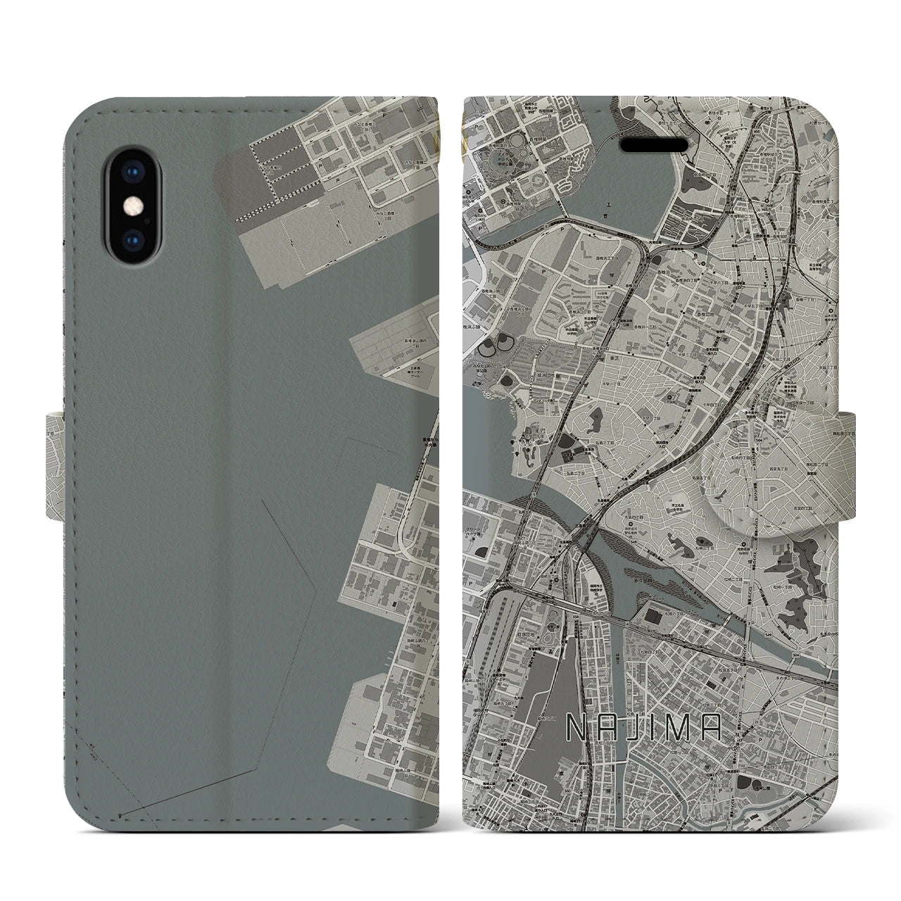 【名島(福岡県)】地図柄iPhoneケース(手帳タイプ)モノトーン・iPhone XS / X 用