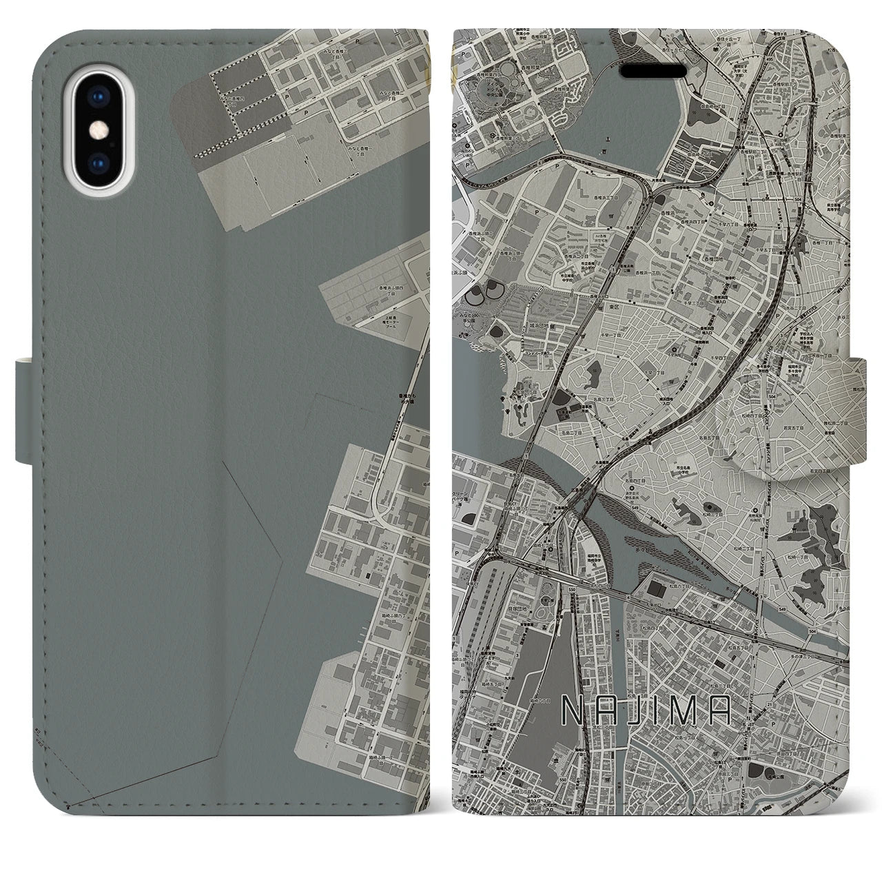 【名島(福岡県)】地図柄iPhoneケース(手帳タイプ)モノトーン・iPhone XS Max 用