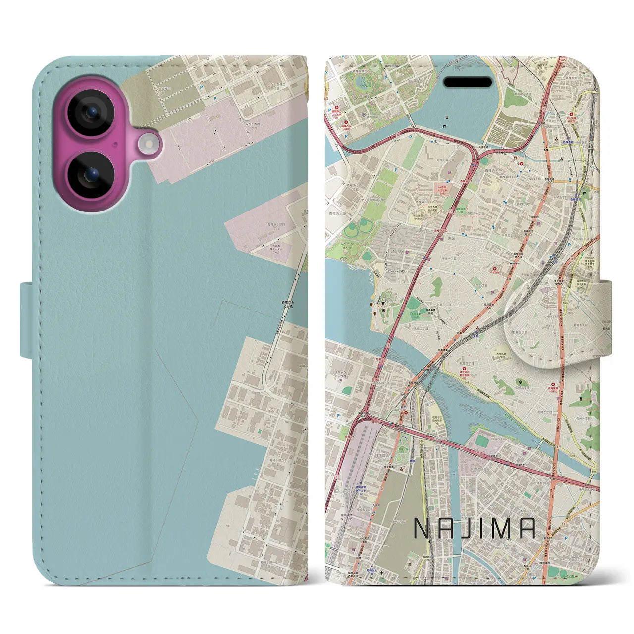 【名島(福岡県)】地図柄iPhoneケース(手帳タイプ)ナチュラル・iPhone 16 Pro 用