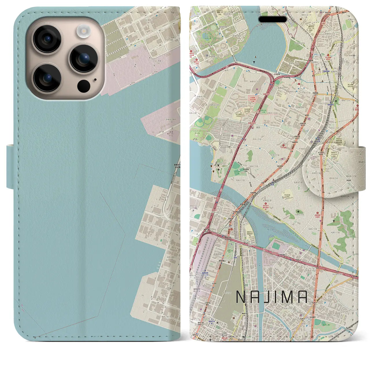 【名島(福岡県)】地図柄iPhoneケース(手帳タイプ)ナチュラル・iPhone 16 Plus 用