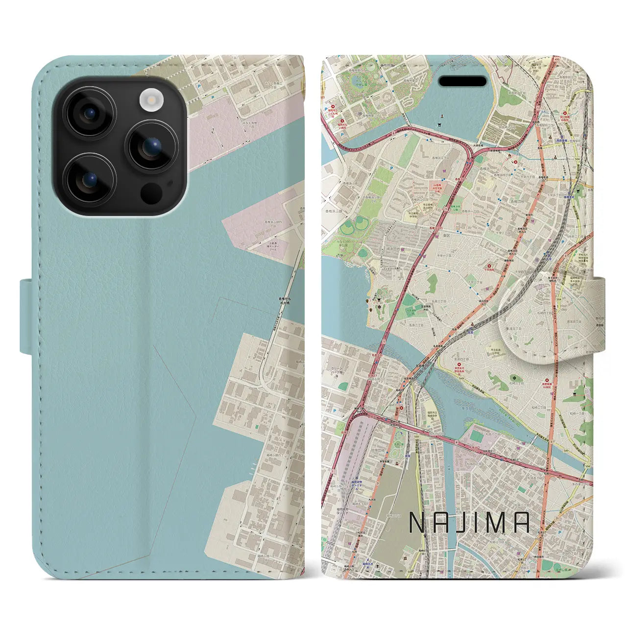 【名島(福岡県)】地図柄iPhoneケース(手帳タイプ)ナチュラル・iPhone 16 用