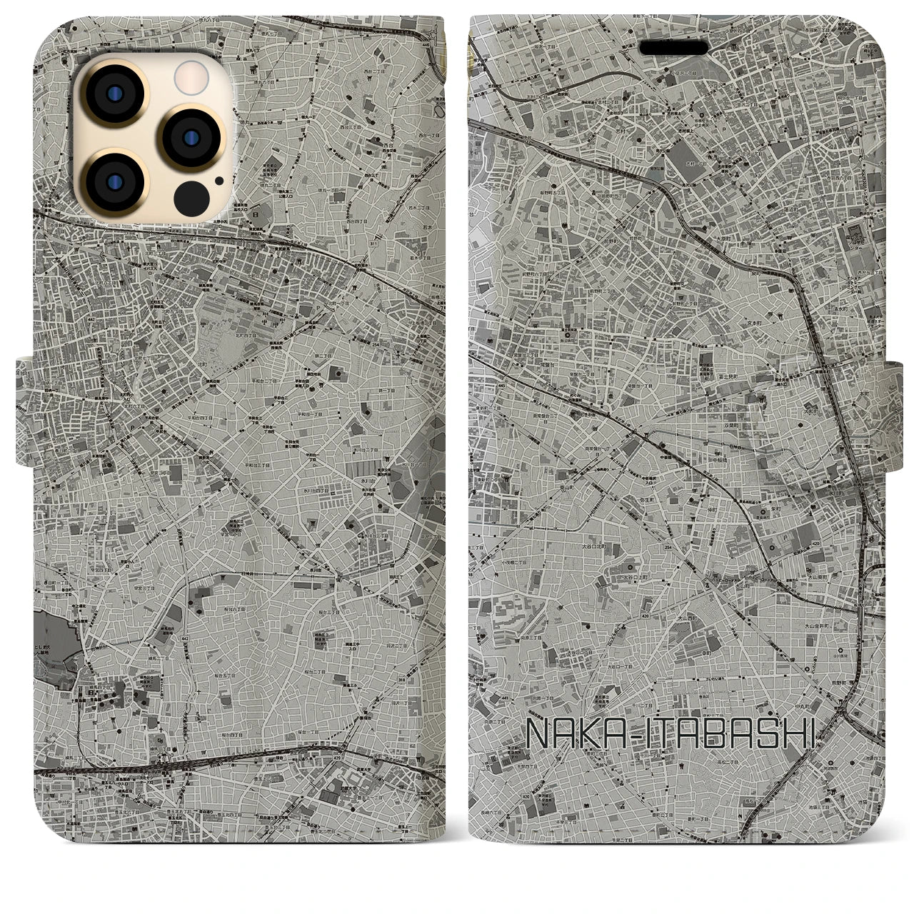 【中板橋(東京都)】地図柄iPhoneケース(手帳タイプ)モノトーン・iPhone 12 Pro Max 用