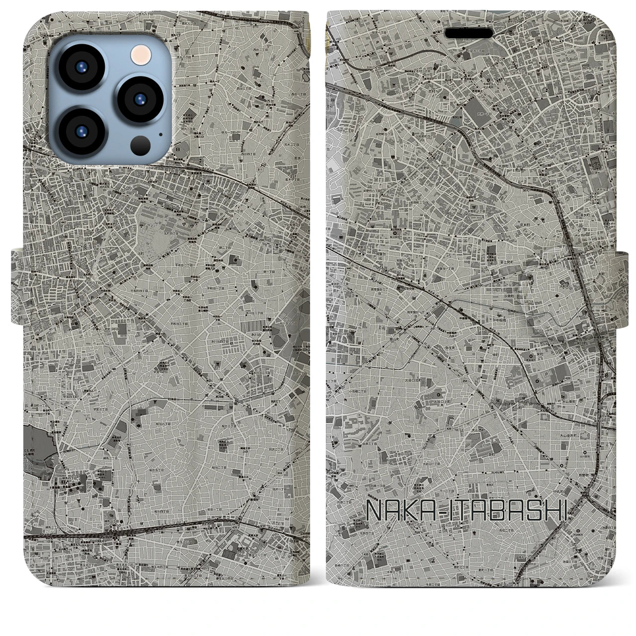 【中板橋(東京都)】地図柄iPhoneケース(手帳タイプ)モノトーン・iPhone 13 Pro Max 用