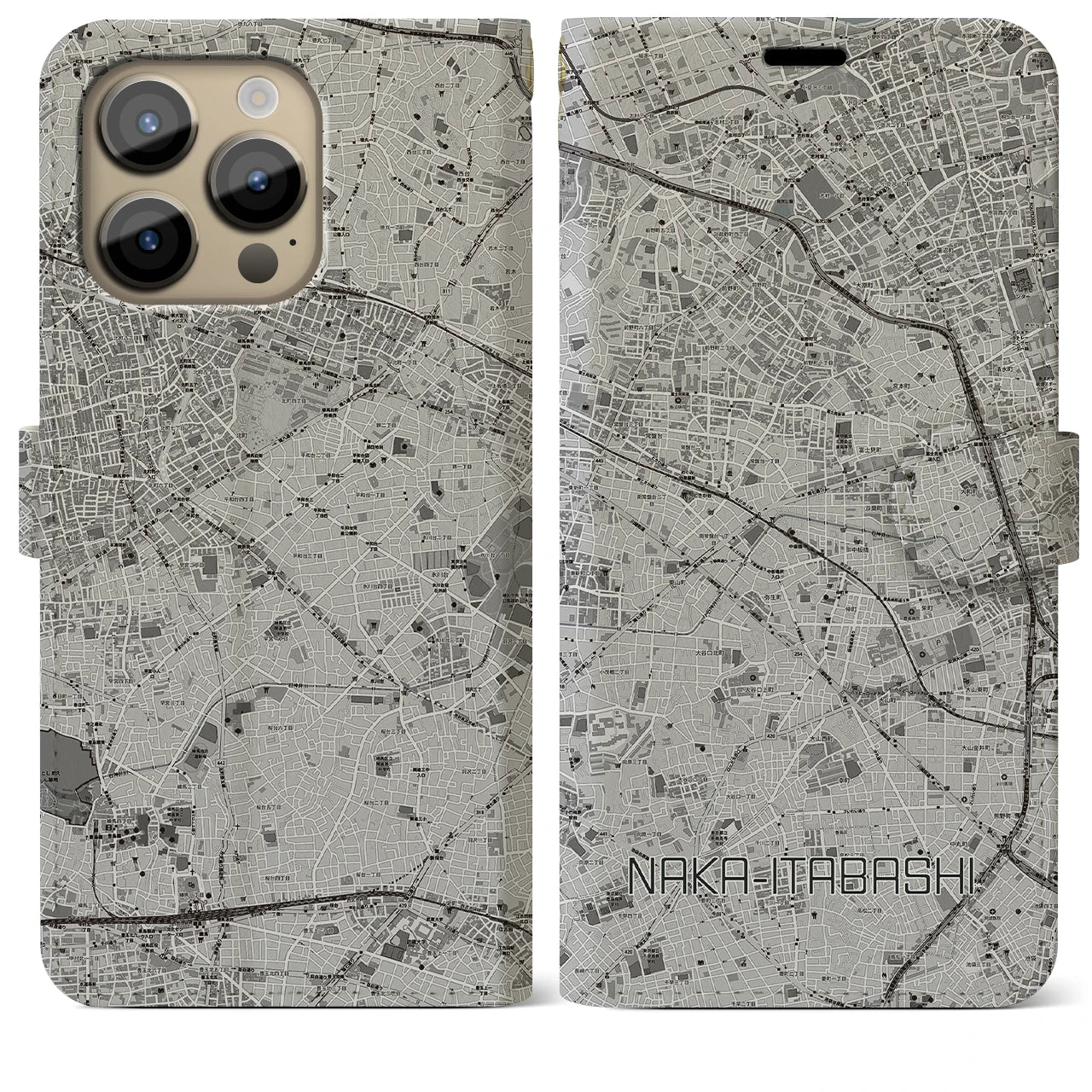 【中板橋(東京都)】地図柄iPhoneケース(手帳タイプ)モノトーン・iPhone 14 Pro Max 用