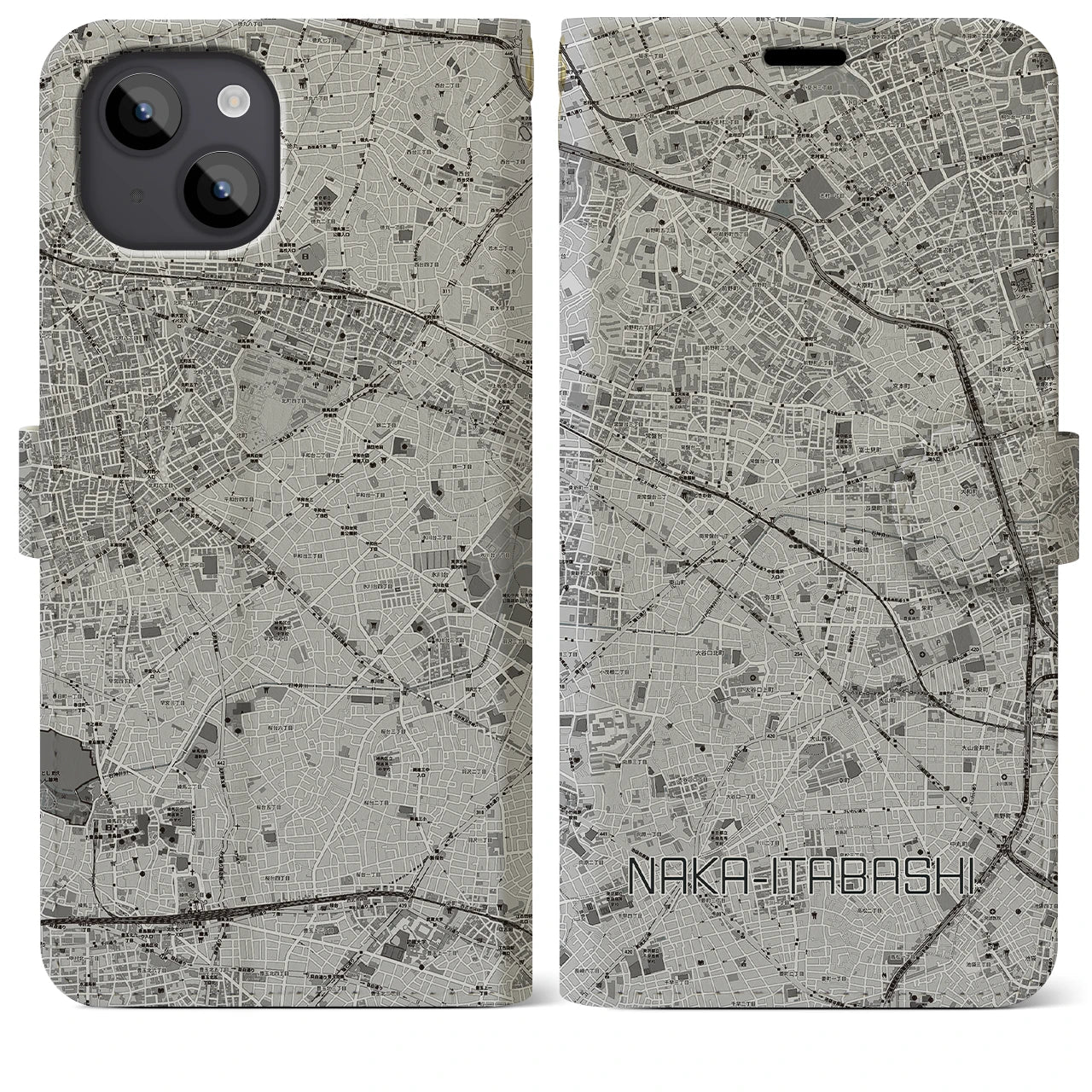 【中板橋(東京都)】地図柄iPhoneケース(手帳タイプ)モノトーン・iPhone 14 Plus 用