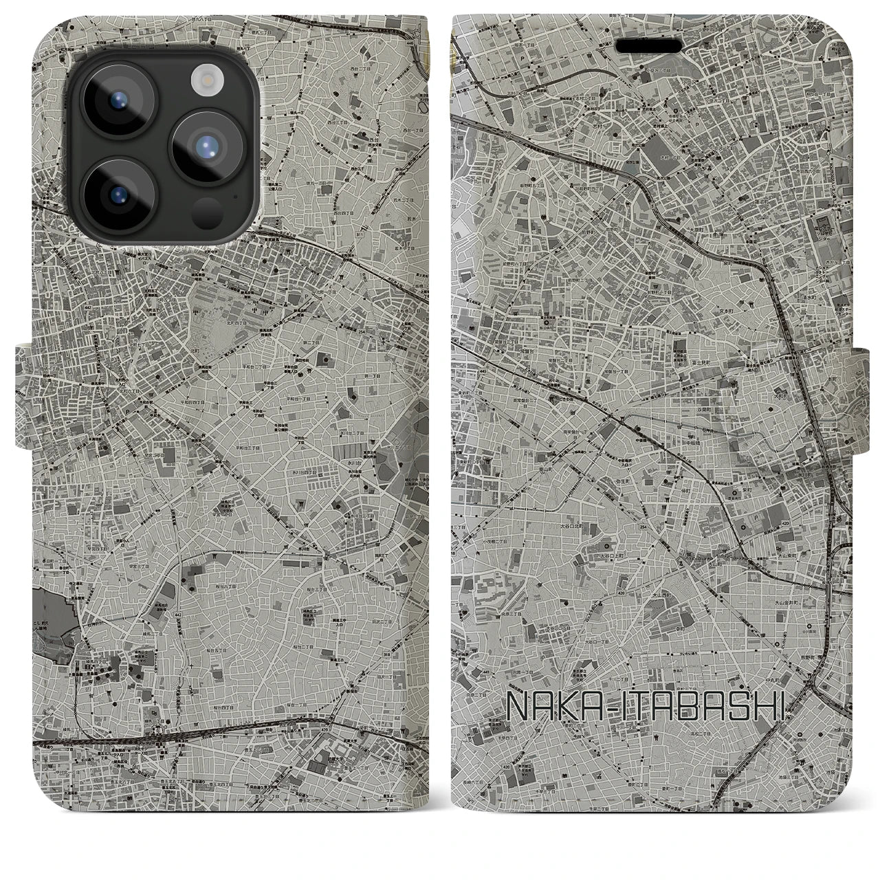 【中板橋(東京都)】地図柄iPhoneケース(手帳タイプ)モノトーン・iPhone 15 Pro Max 用
