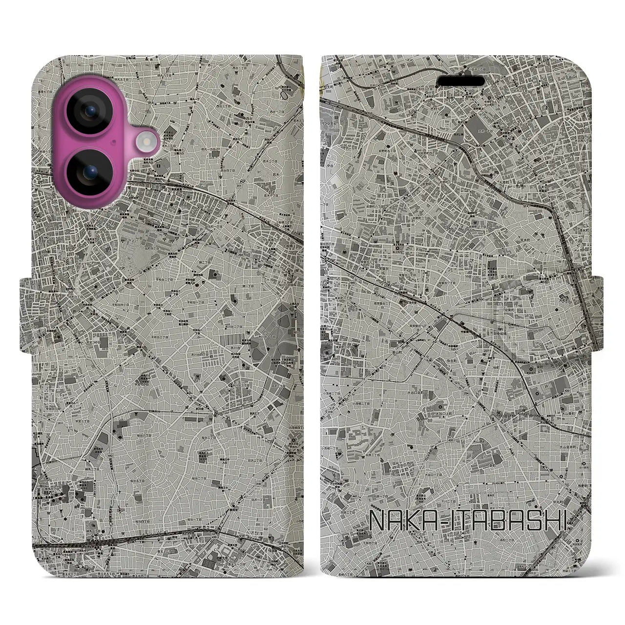 【中板橋(東京都)】地図柄iPhoneケース(手帳タイプ)モノトーン・iPhone 16 Pro 用
