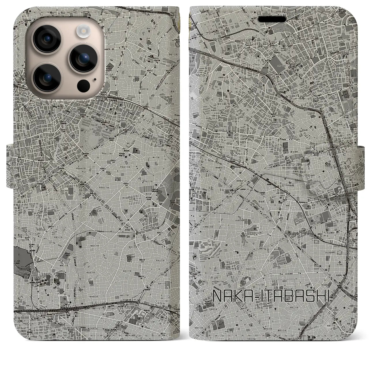【中板橋(東京都)】地図柄iPhoneケース(手帳タイプ)モノトーン・iPhone 16 Plus 用