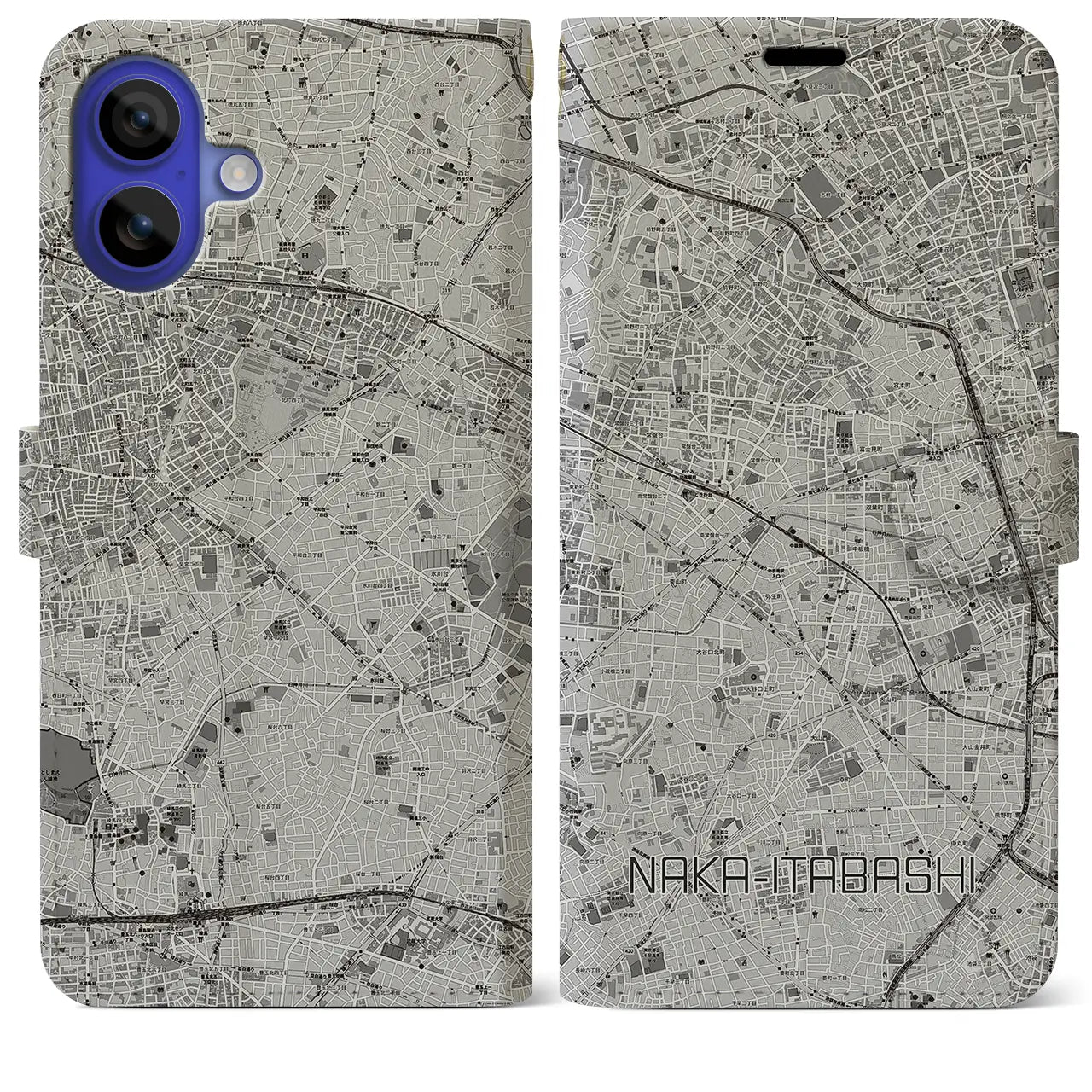 【中板橋(東京都)】地図柄iPhoneケース(手帳タイプ)モノトーン・iPhone 16 Pro Max 用