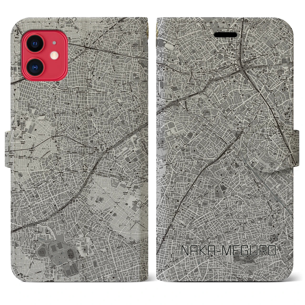 【中目黒(東京都)】地図柄iPhoneケース(手帳タイプ)モノトーン・iPhone 11 用