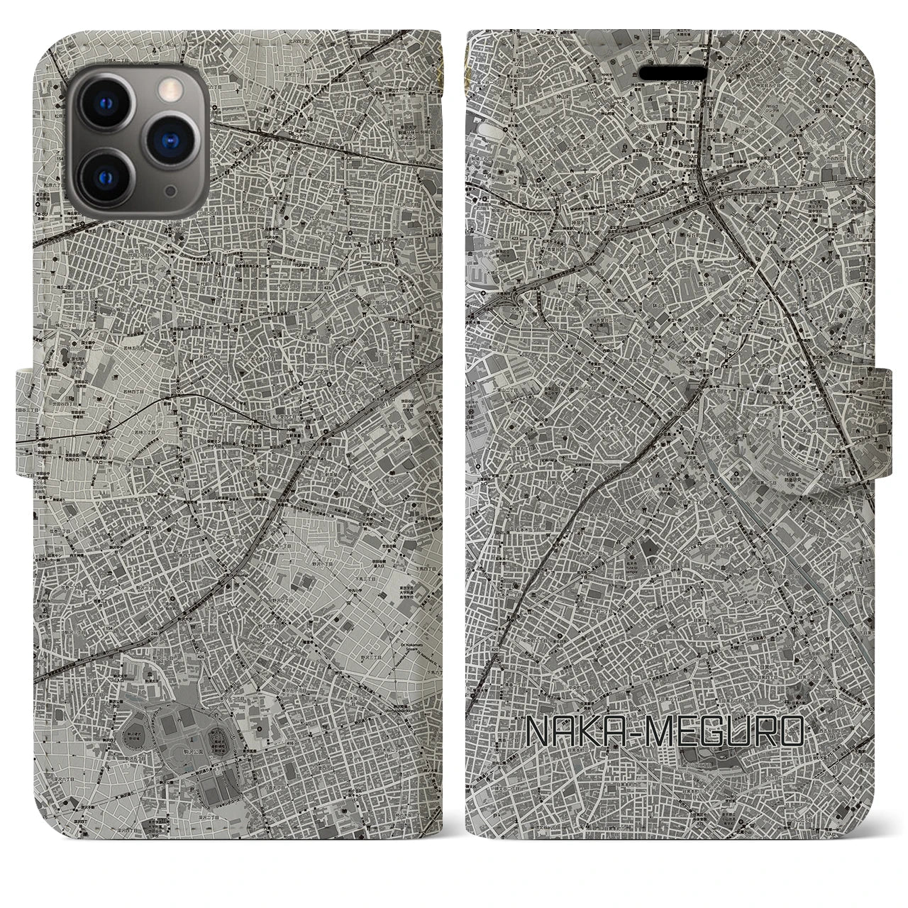 【中目黒(東京都)】地図柄iPhoneケース(手帳タイプ)モノトーン・iPhone 11 Pro Max 用