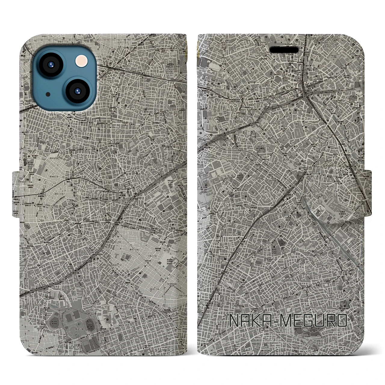 【中目黒(東京都)】地図柄iPhoneケース(手帳タイプ)モノトーン・iPhone 13 用