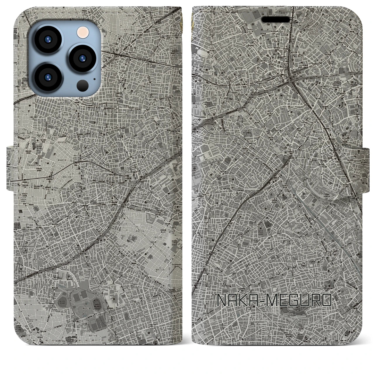 【中目黒(東京都)】地図柄iPhoneケース(手帳タイプ)モノトーン・iPhone 13 Pro Max 用