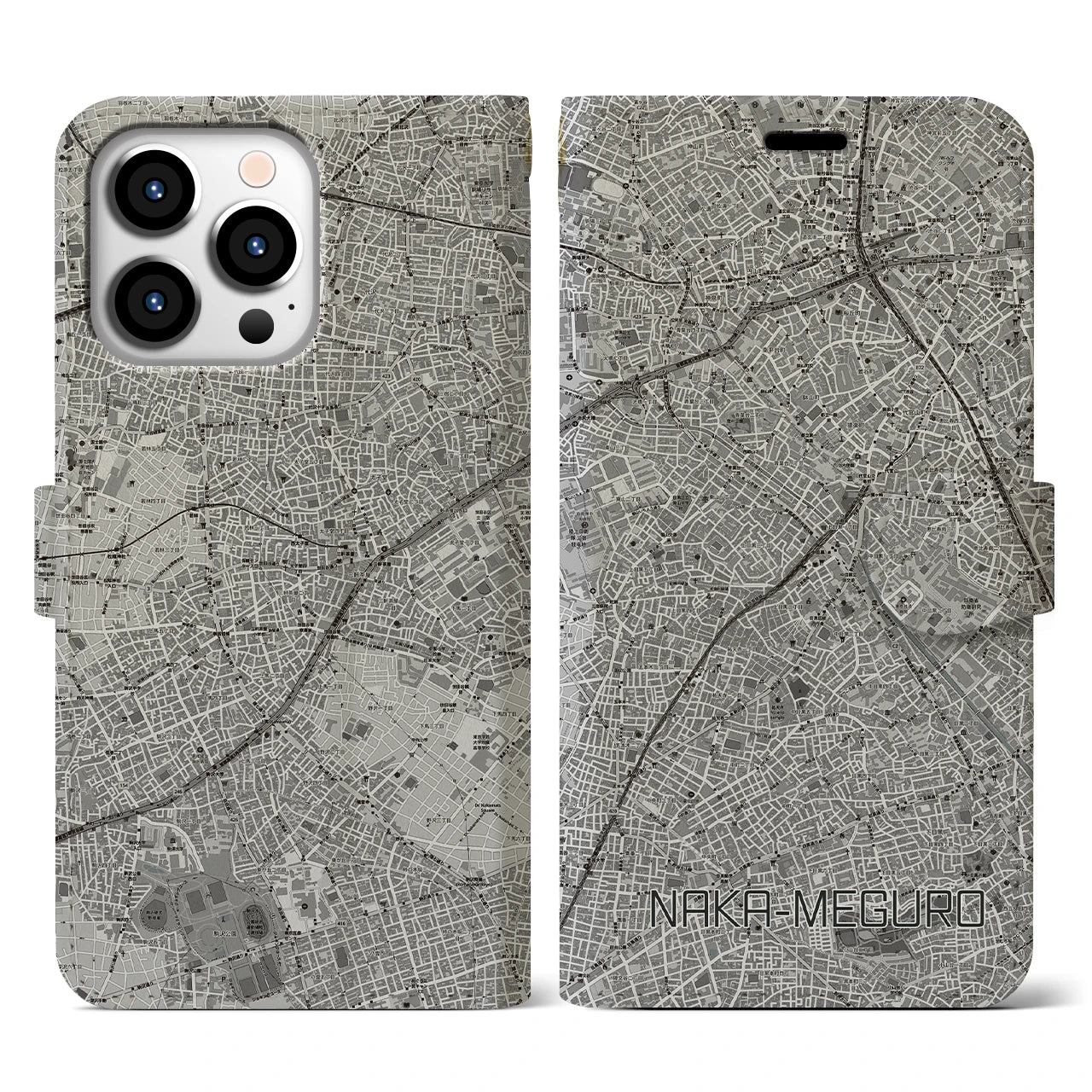 【中目黒(東京都)】地図柄iPhoneケース(手帳タイプ)モノトーン・iPhone 13 Pro 用