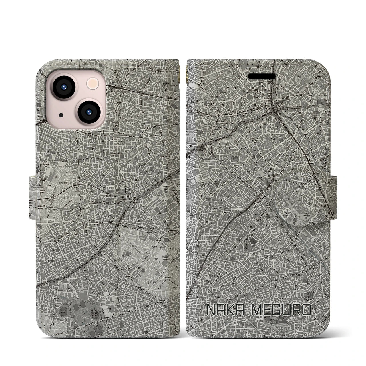 【中目黒(東京都)】地図柄iPhoneケース(手帳タイプ)モノトーン・iPhone 13 mini 用