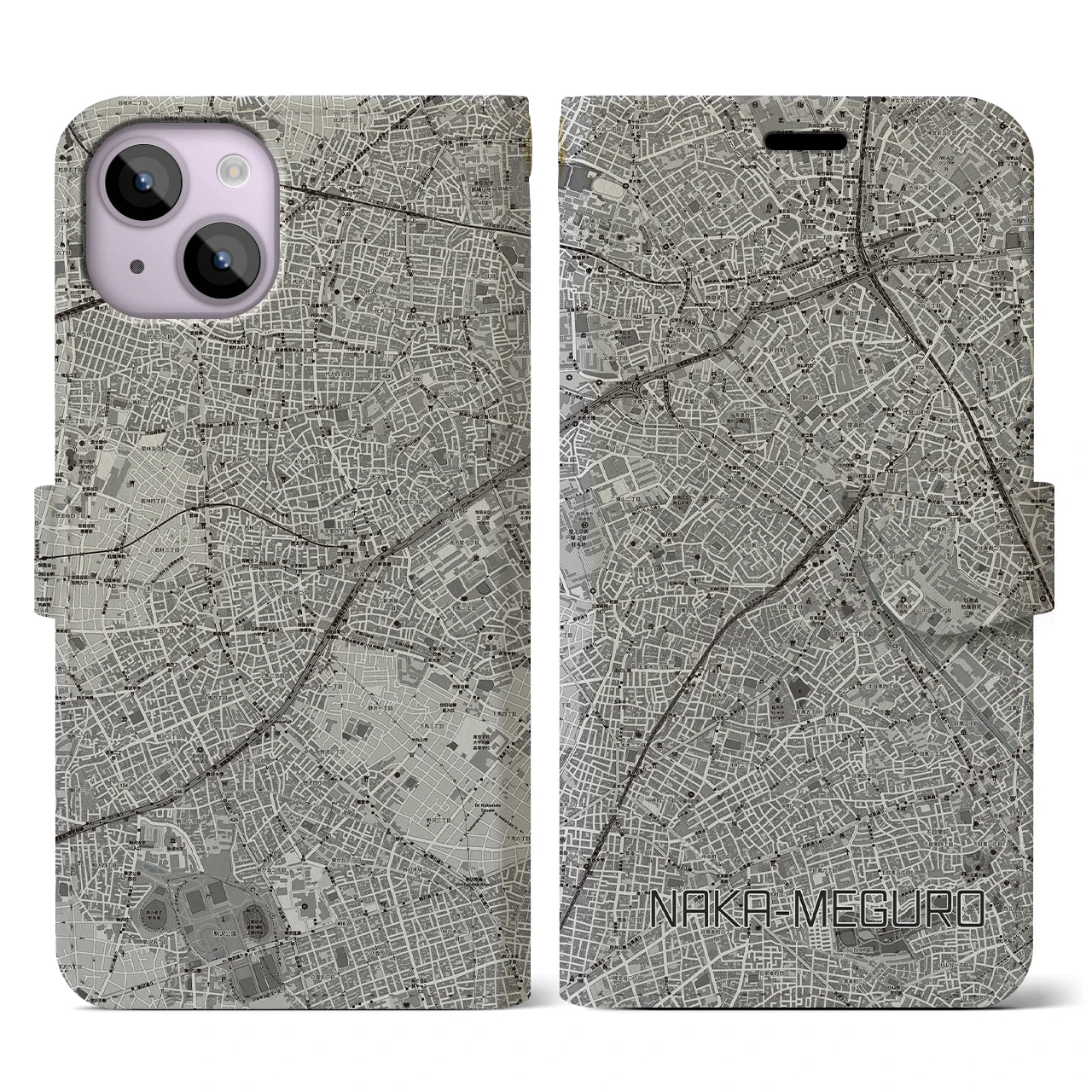 【中目黒(東京都)】地図柄iPhoneケース(手帳タイプ)モノトーン・iPhone 14 用