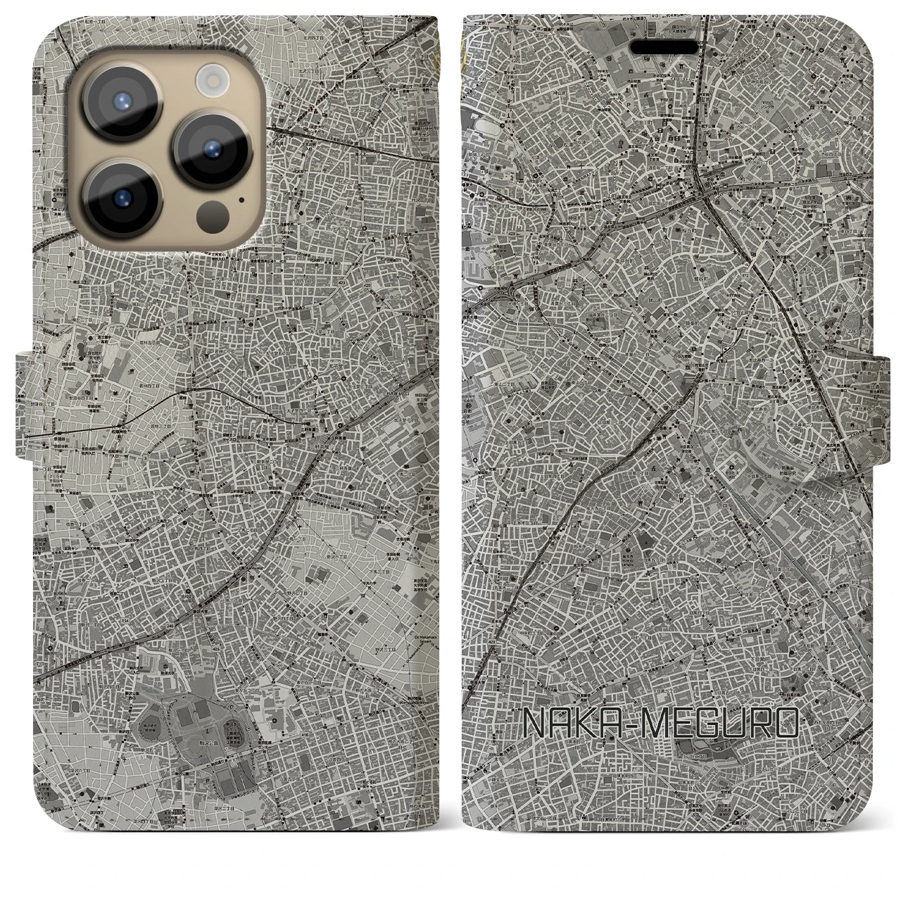 【中目黒(東京都)】地図柄iPhoneケース(手帳タイプ)モノトーン・iPhone 14 Pro Max 用
