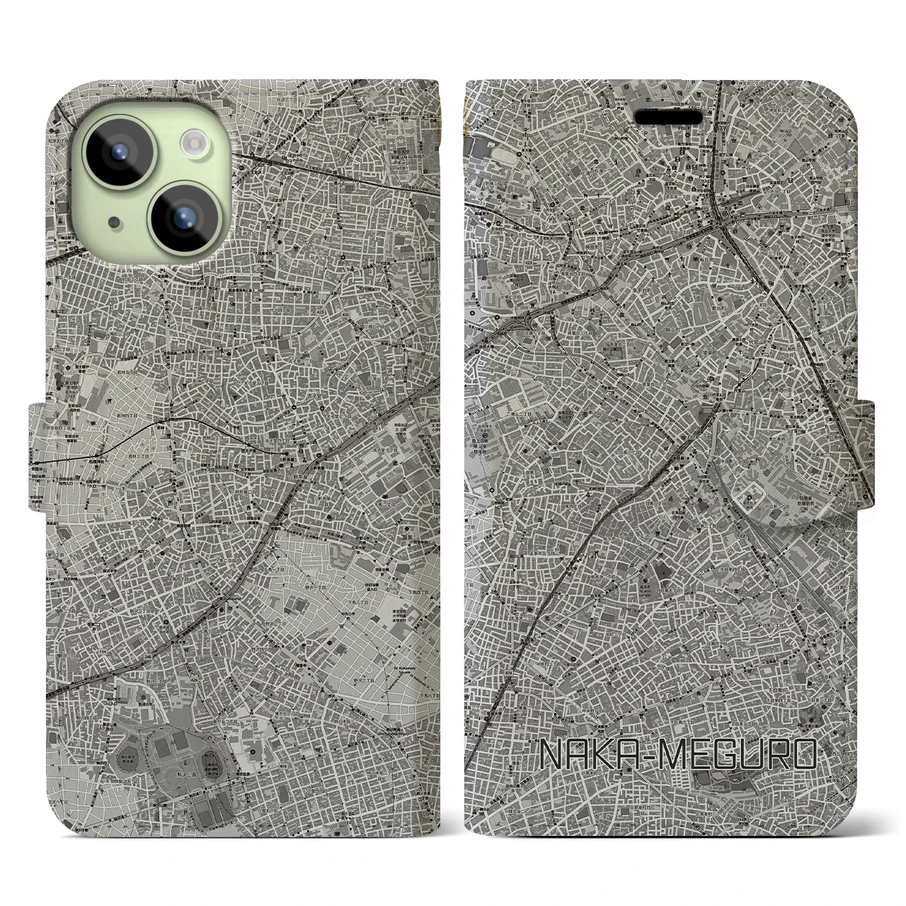 【中目黒(東京都)】地図柄iPhoneケース(手帳タイプ)モノトーン・iPhone 15 用