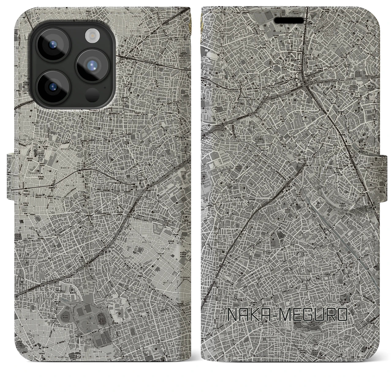 【中目黒(東京都)】地図柄iPhoneケース(手帳タイプ)モノトーン・iPhone 15 Pro Max 用