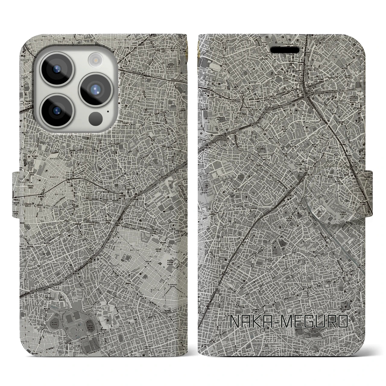 【中目黒(東京都)】地図柄iPhoneケース(手帳タイプ)モノトーン・iPhone 15 Pro 用