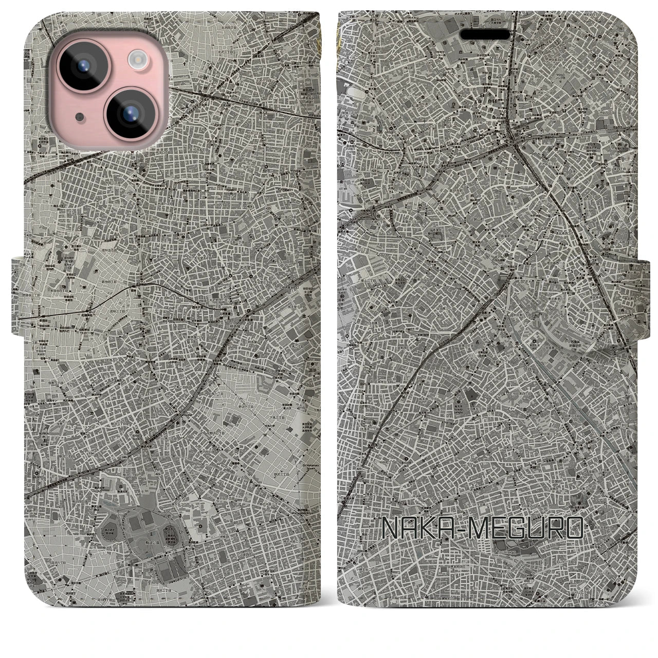 【中目黒(東京都)】地図柄iPhoneケース(手帳タイプ)モノトーン・iPhone 15 Plus 用