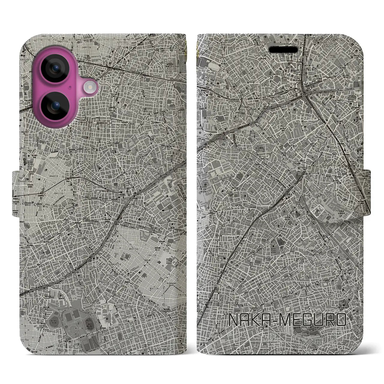 【中目黒(東京都)】地図柄iPhoneケース(手帳タイプ)モノトーン・iPhone 16 Pro 用