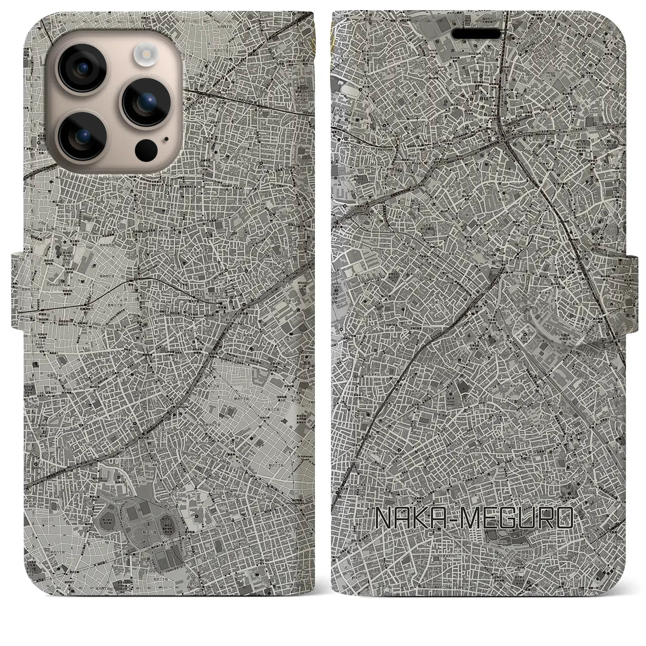 【中目黒(東京都)】地図柄iPhoneケース(手帳タイプ)モノトーン・iPhone 16 Plus 用