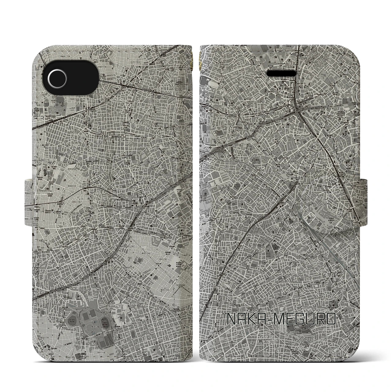 【中目黒(東京都)】地図柄iPhoneケース(手帳タイプ)モノトーン・iPhone SE(第3 / 第2世代) / 8 / 7 / 6s / 6 用