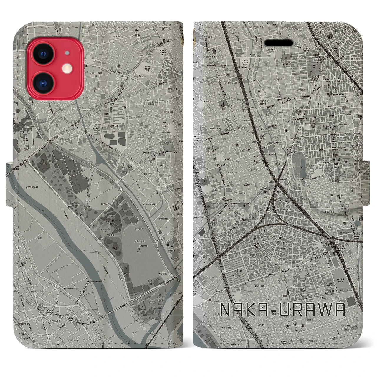 【中浦和(埼玉県)】地図柄iPhoneケース(手帳タイプ)モノトーン・iPhone 11 用