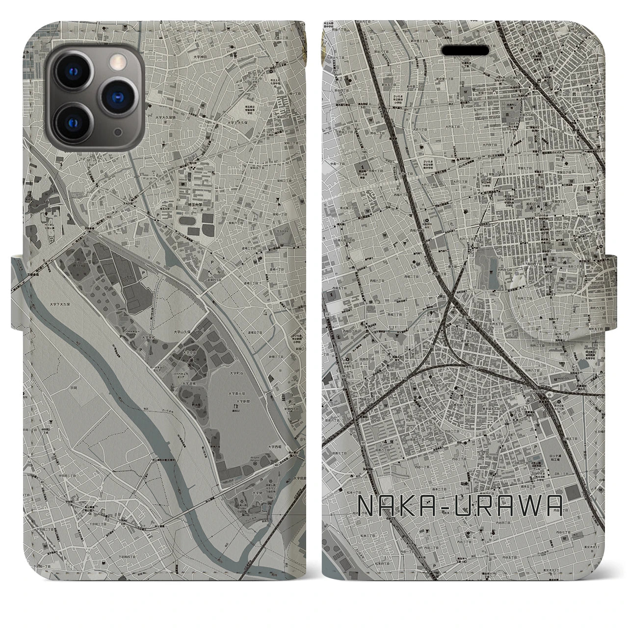【中浦和(埼玉県)】地図柄iPhoneケース(手帳タイプ)モノトーン・iPhone 11 Pro Max 用