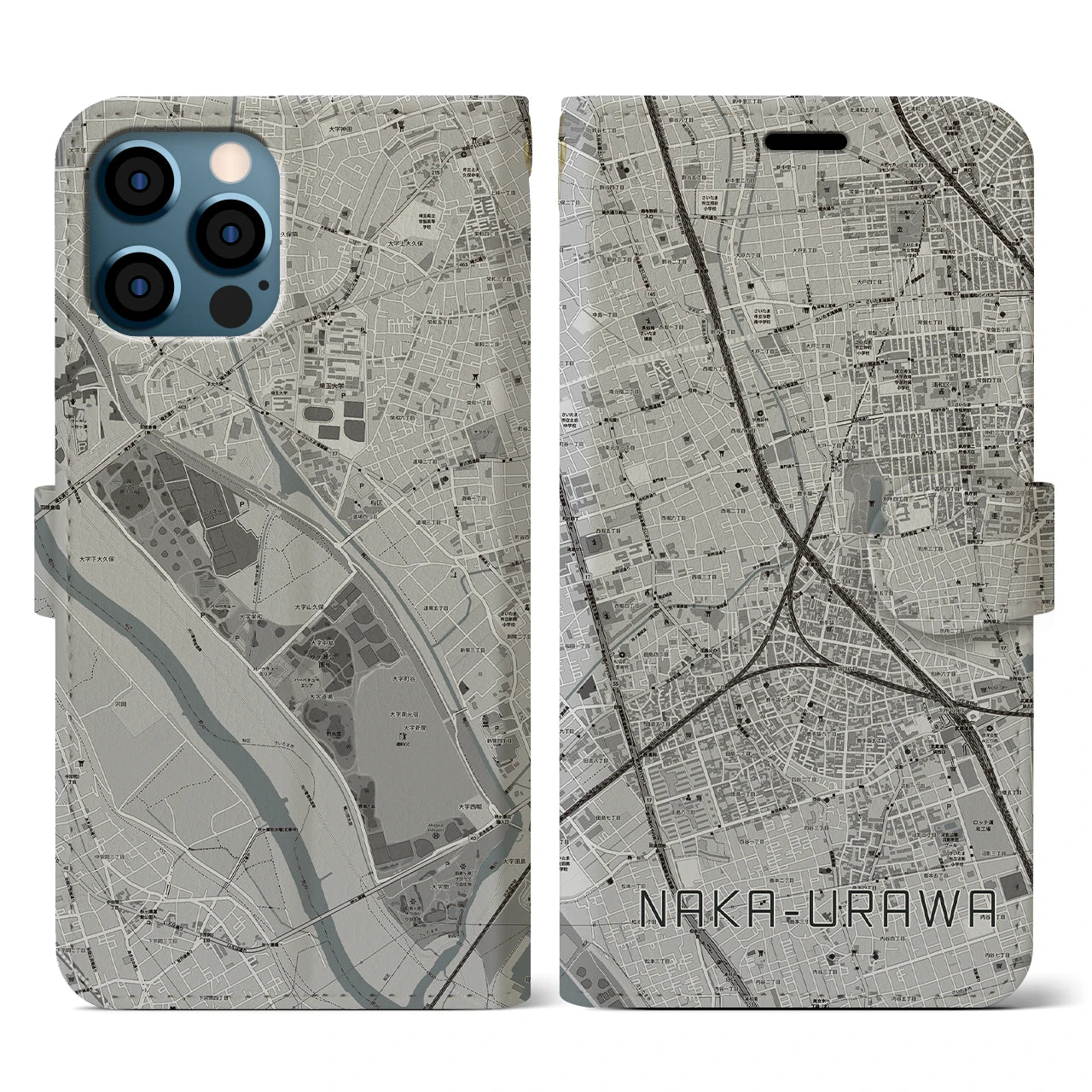 【中浦和(埼玉県)】地図柄iPhoneケース(手帳タイプ)モノトーン・iPhone 12 / 12 Pro 用