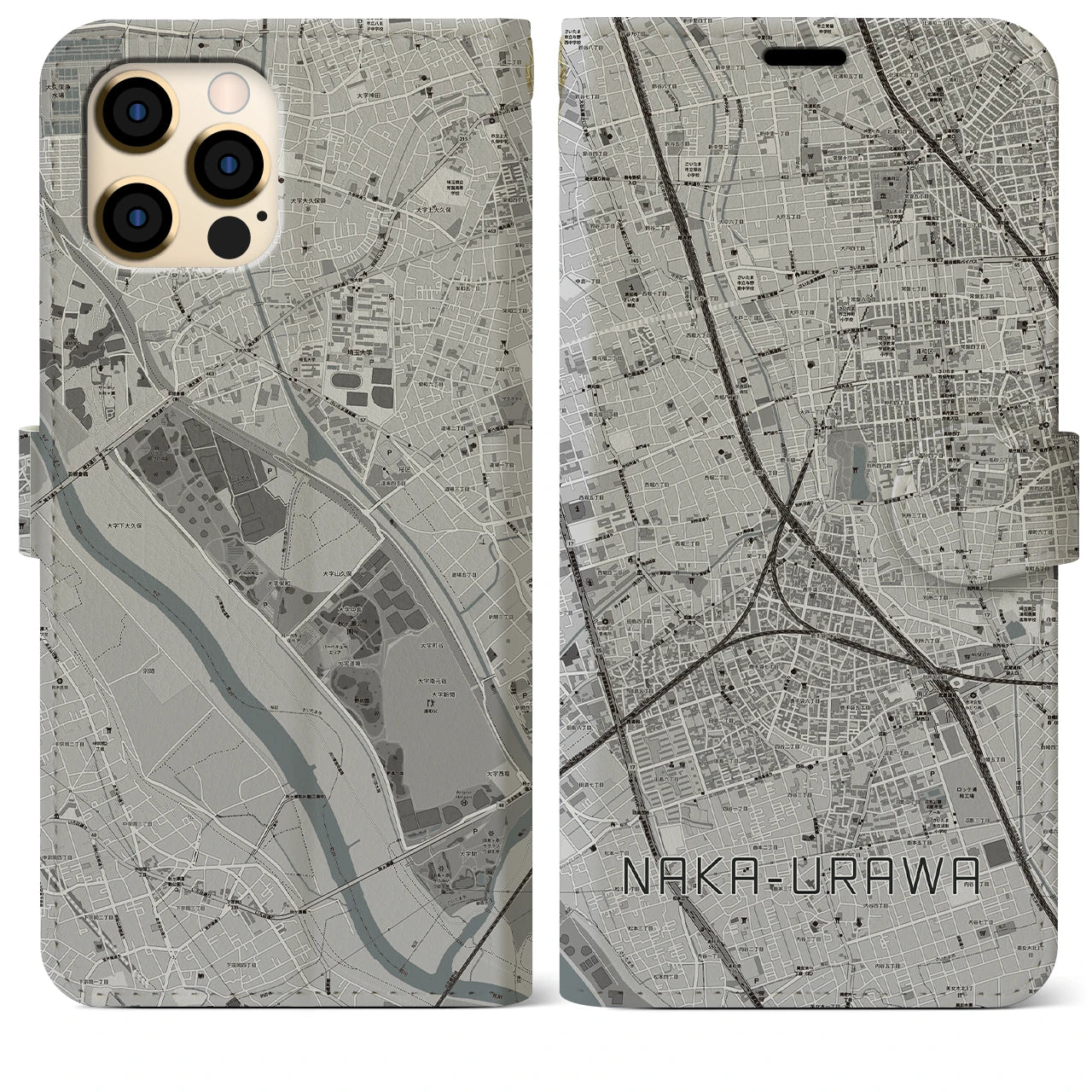 【中浦和(埼玉県)】地図柄iPhoneケース(手帳タイプ)モノトーン・iPhone 12 Pro Max 用