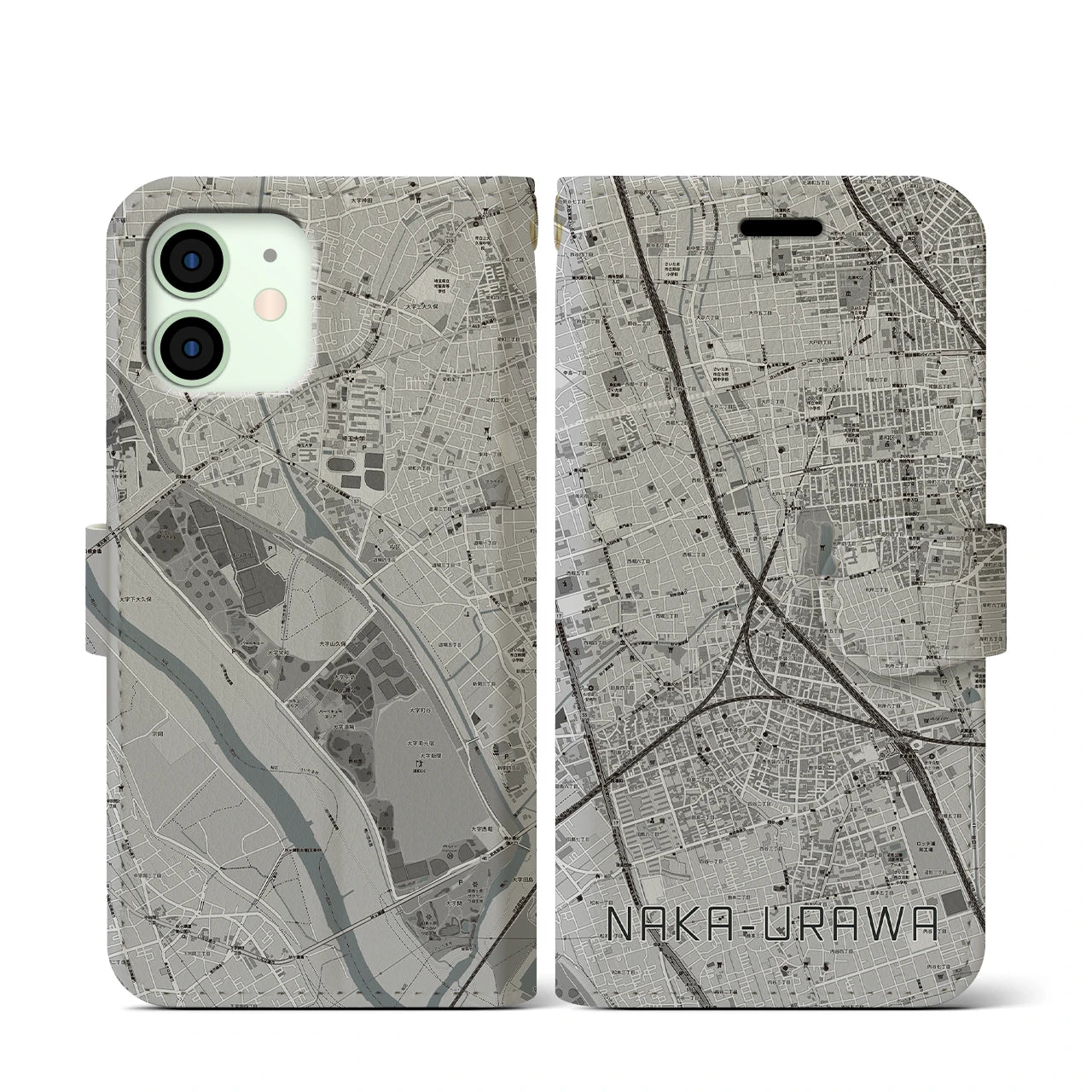 【中浦和(埼玉県)】地図柄iPhoneケース(手帳タイプ)モノトーン・iPhone 12 mini 用