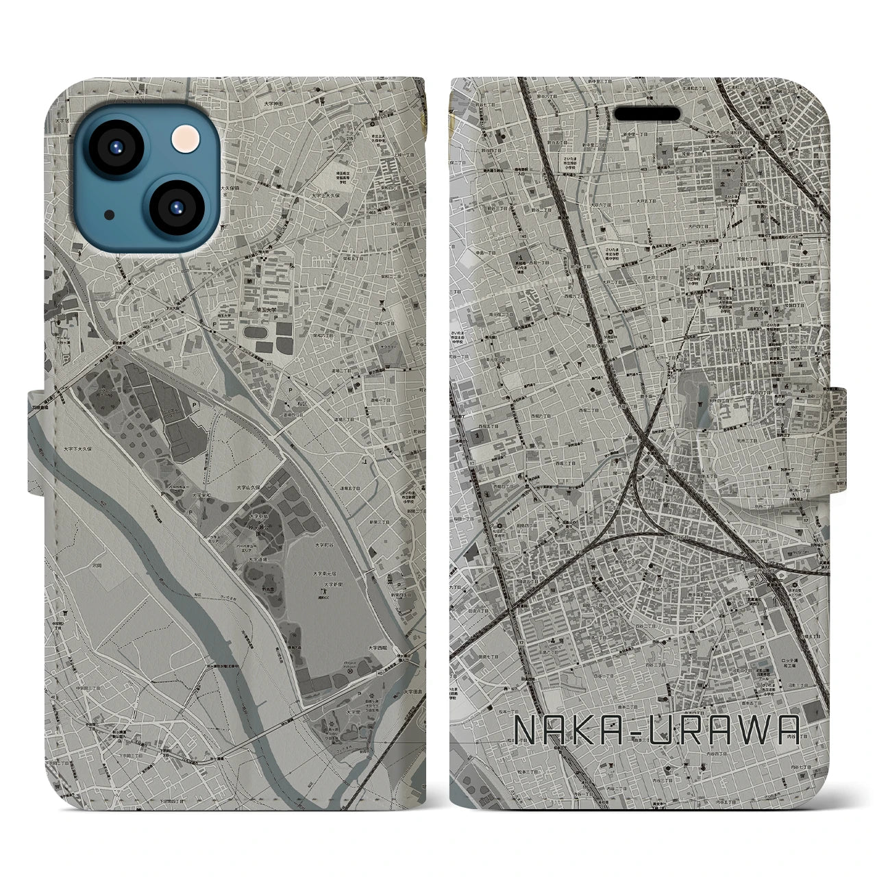【中浦和(埼玉県)】地図柄iPhoneケース(手帳タイプ)モノトーン・iPhone 13 用
