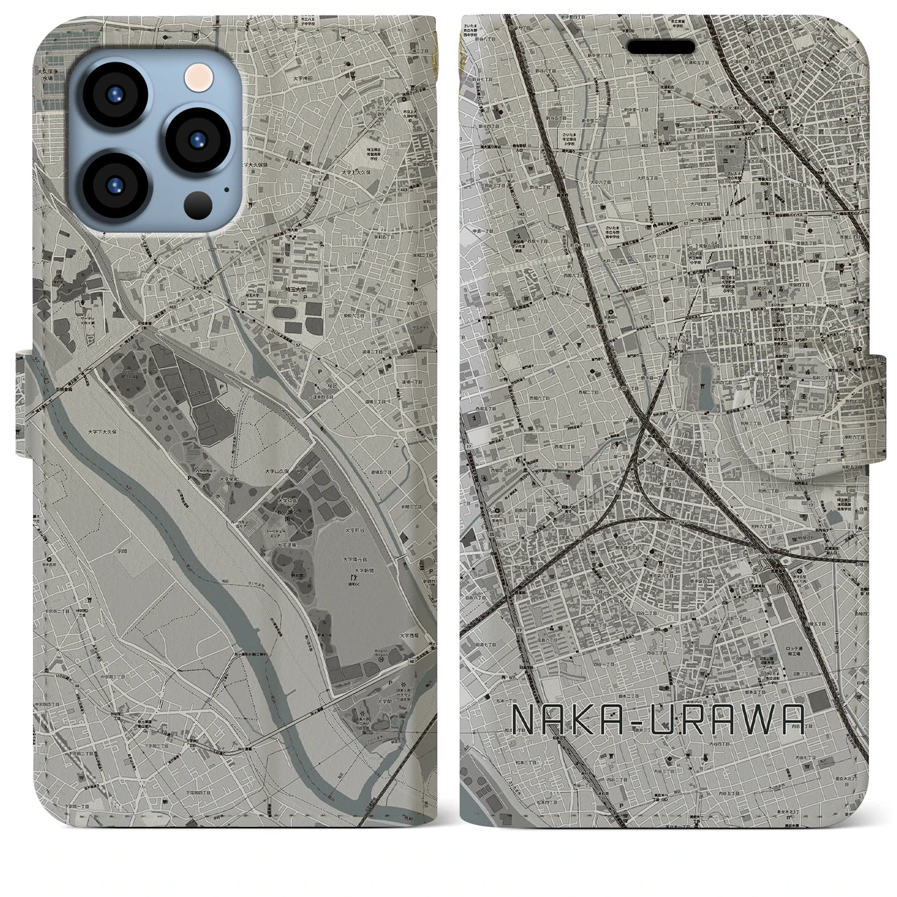 【中浦和(埼玉県)】地図柄iPhoneケース(手帳タイプ)モノトーン・iPhone 13 Pro Max 用