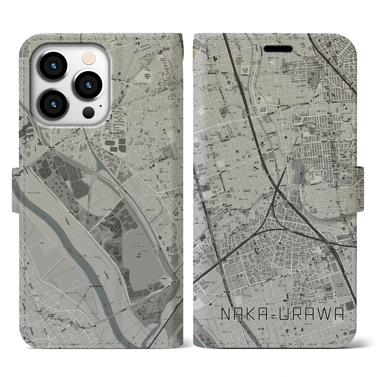 【中浦和(埼玉県)】地図柄iPhoneケース(手帳タイプ)モノトーン・iPhone 13 Pro 用