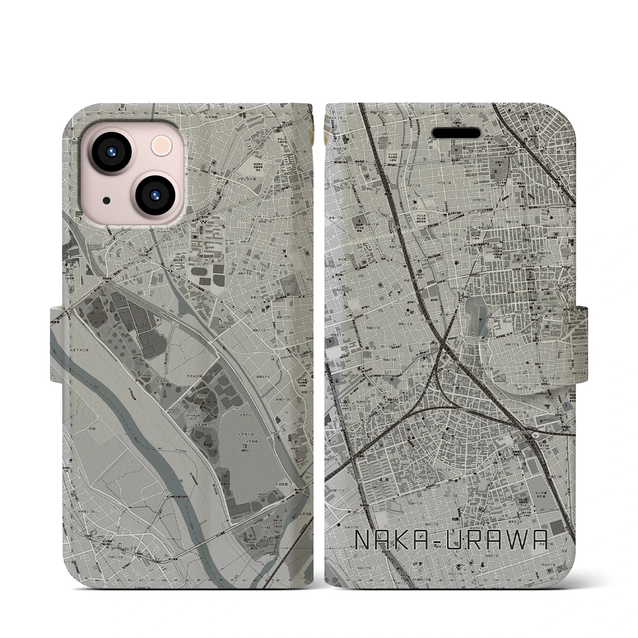 【中浦和(埼玉県)】地図柄iPhoneケース(手帳タイプ)モノトーン・iPhone 13 mini 用